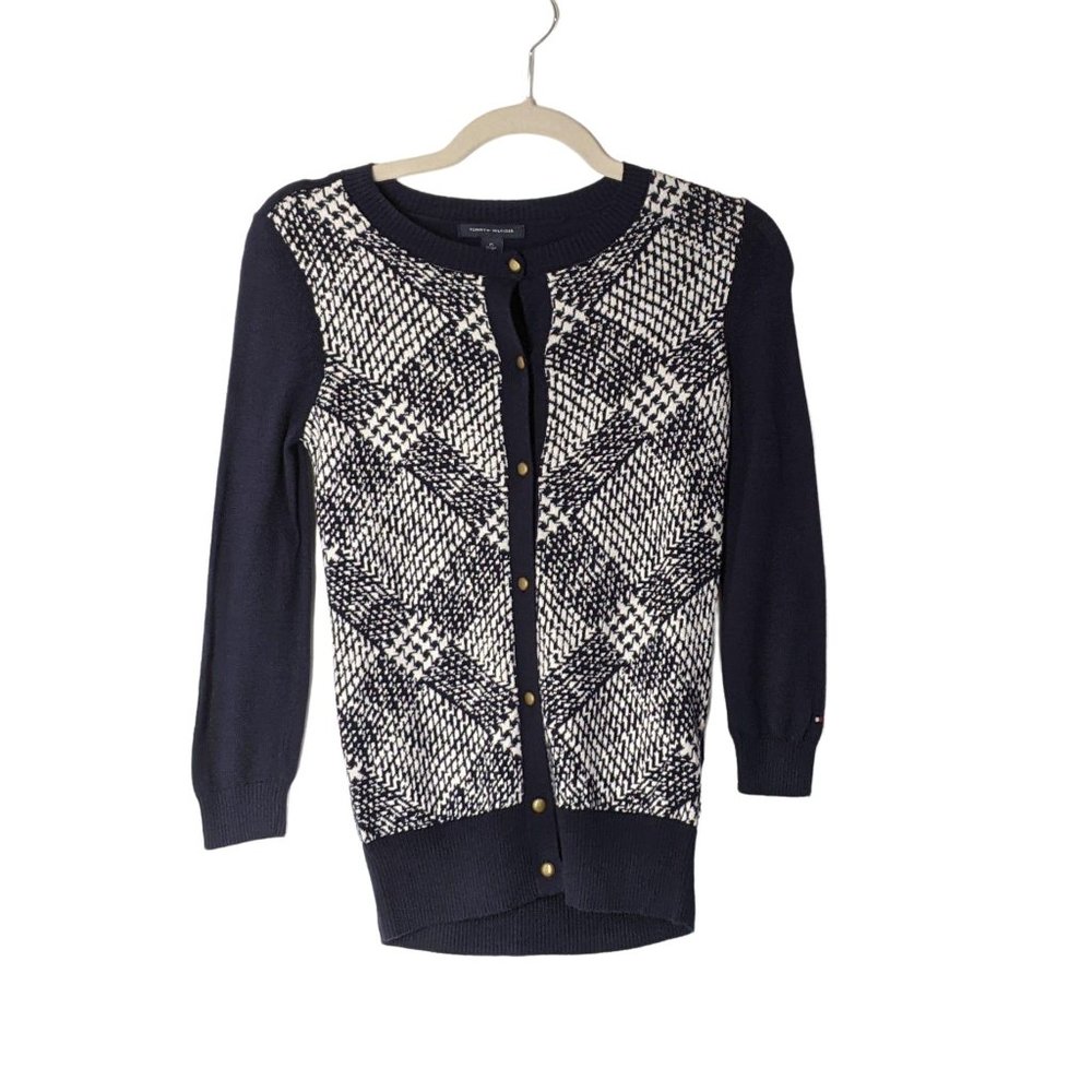 Tommy Hilfiger Navy Gingham Cardigan Sweater Size XS